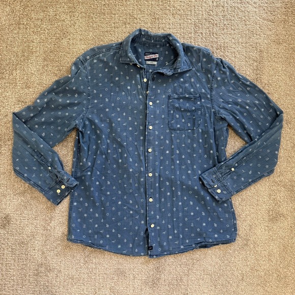 Johnnie-O Hangin' Out Darcy Indigo Blue Button Down Shirt Large Casual Beachy - Picture 2 of 10